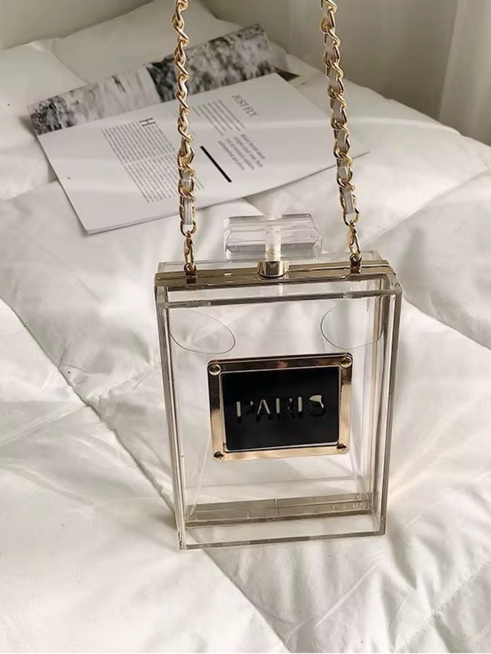 Clear Acrylic Paris Pendant Crossbody Bag with Gold Chain